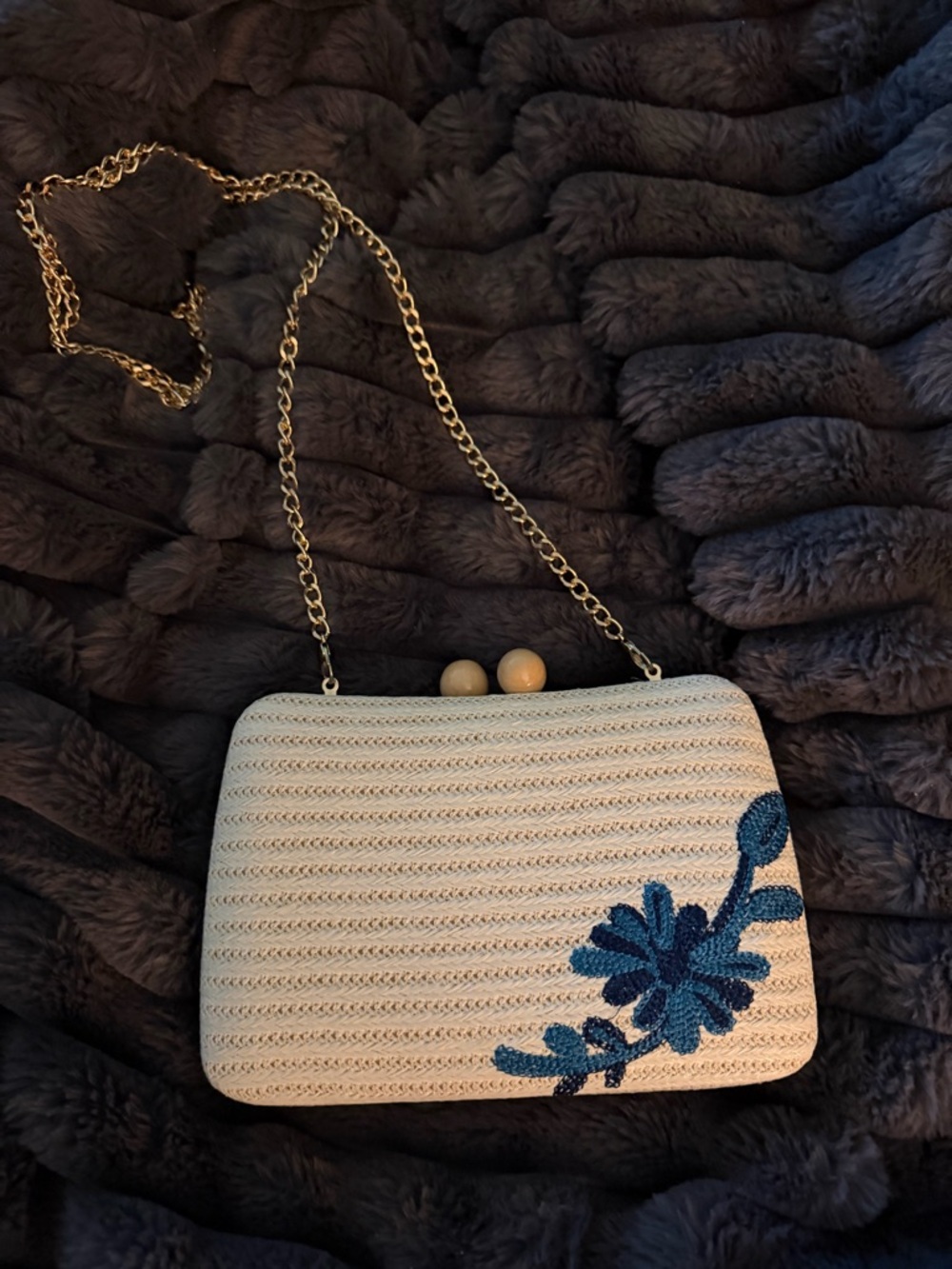 Haute Hippie Cream Woven Crossbody Bag with Blue Floral Accent